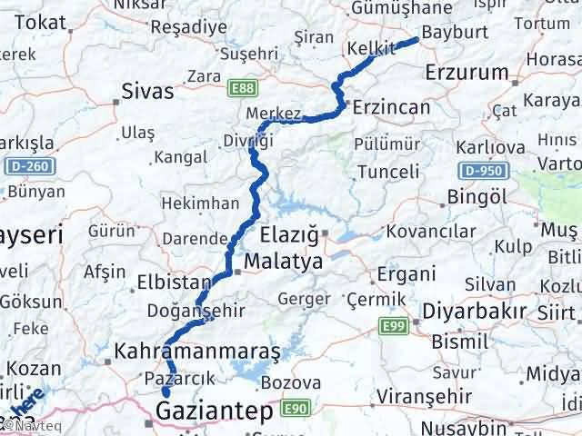 Bayburt Yavuzeli Gaziantep Arası Kaç Km - Yol Haritası