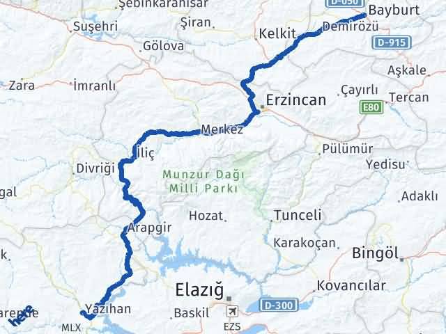 Bayburt Yazıhan Malatya Arası Kaç Km - Yol Haritası