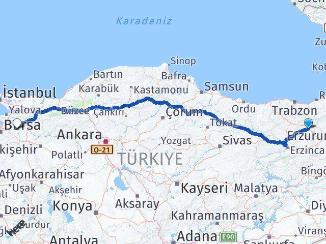 Bayburt Yenişehir Bursa Arası Kaç Km - Yol Haritası