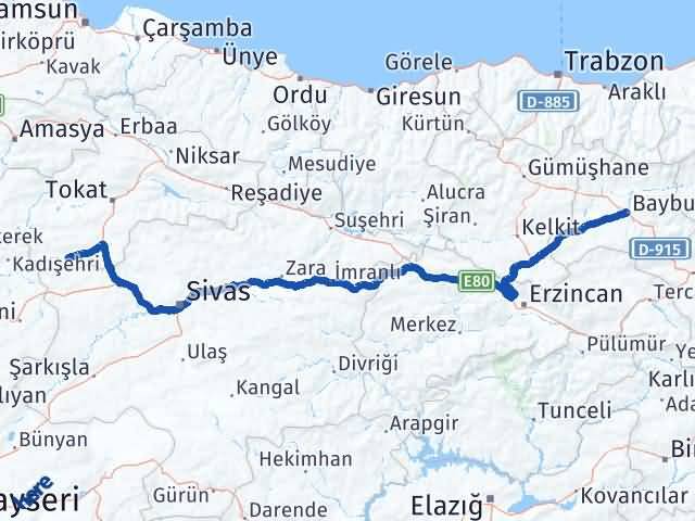 Bayburt Yeşilyurt Tokat Arası Kaç Km - Yol Haritası