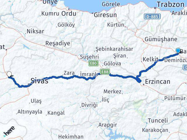 Bayburt Yıldızeli Sivas Arası Kaç Km - Yol Haritası