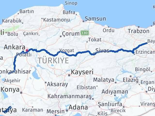 Bayburt Yunak Konya Arası Kaç Km - Yol Haritası