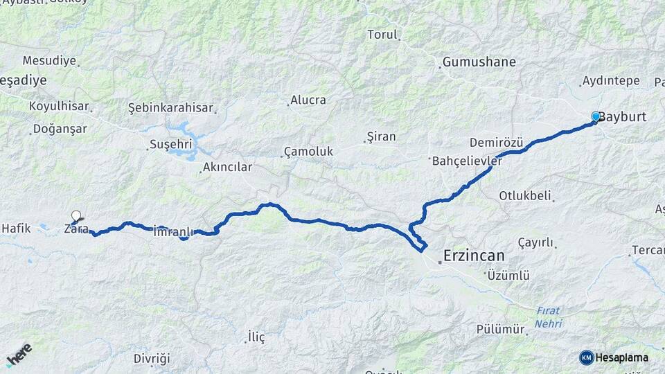 Bayburt Zara Sivas Arası Kaç Km - Yol Haritası