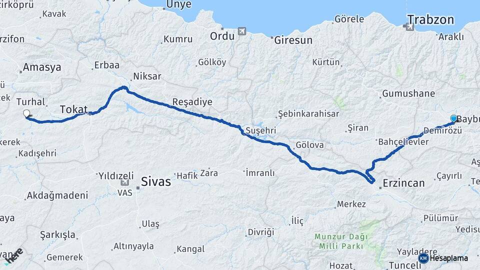 Bayburt Zile Tokat Arası Kaç Km - Yol Haritası