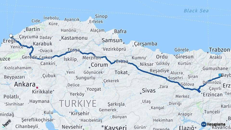 Bayburt Zonguldak Arası Kaç Km - Yol Haritası