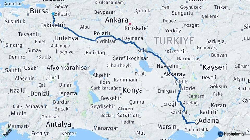 Bilecik Adana Arası Kaç Km - Yol Haritası