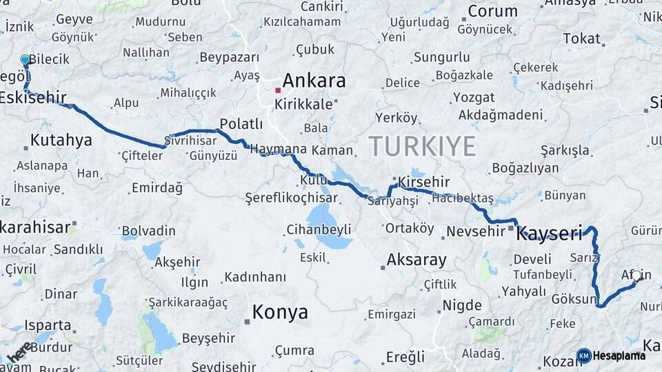 Bilecik Afşin Kahramanmaraş Arası Kaç Km - Yol Haritası