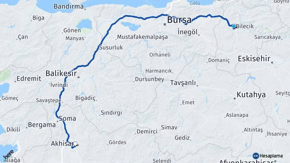 Bilecik Akhisar Manisa Arası Kaç Km - Yol Haritası