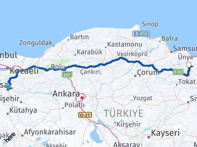Bilecik Akkuş Ordu Arası Kaç Km - Yol Haritası