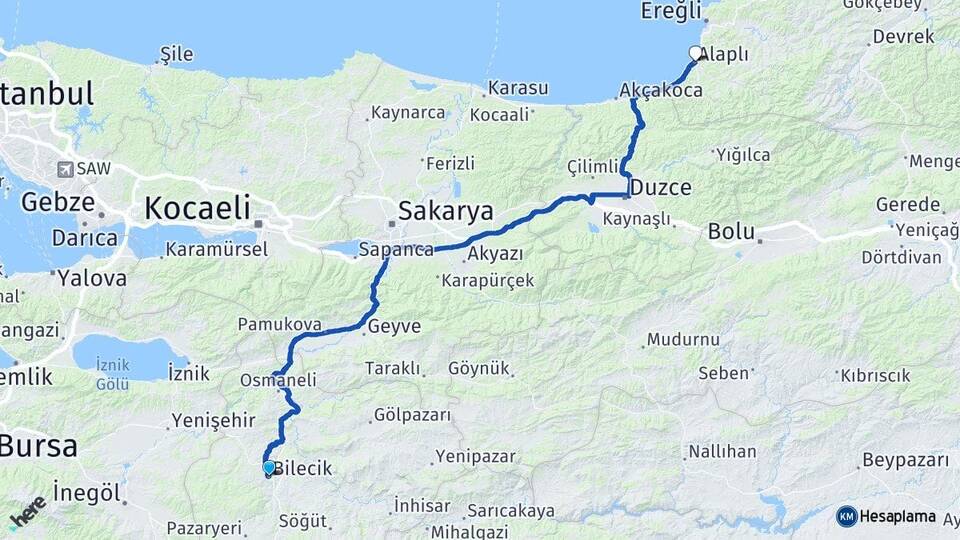 Bilecik Alaplı Zonguldak Arası Kaç Km - Yol Haritası