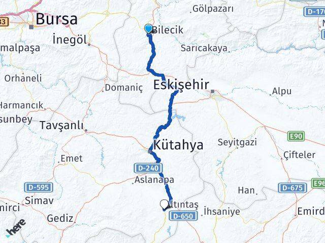 Bilecik Altıntaş Kütahya Arası Kaç Km - Yol Haritası