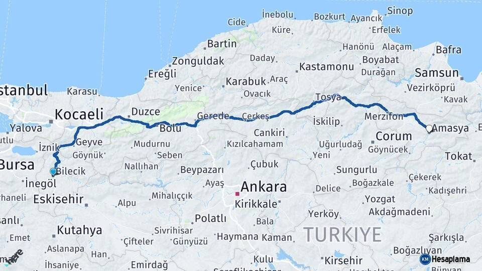 Bilecik Amasya Arası Kaç Km - Yol Haritası