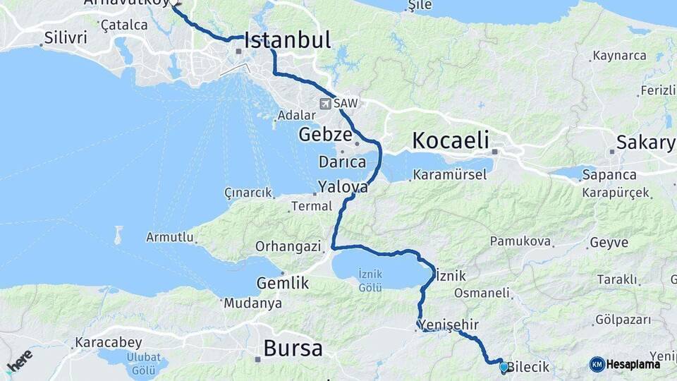 Bilecik Arnavutköy İstanbul Arası Kaç Km - Yol Haritası