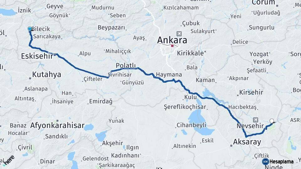 Bilecik Avanos Nevşehir Arası Kaç Km - Yol Haritası
