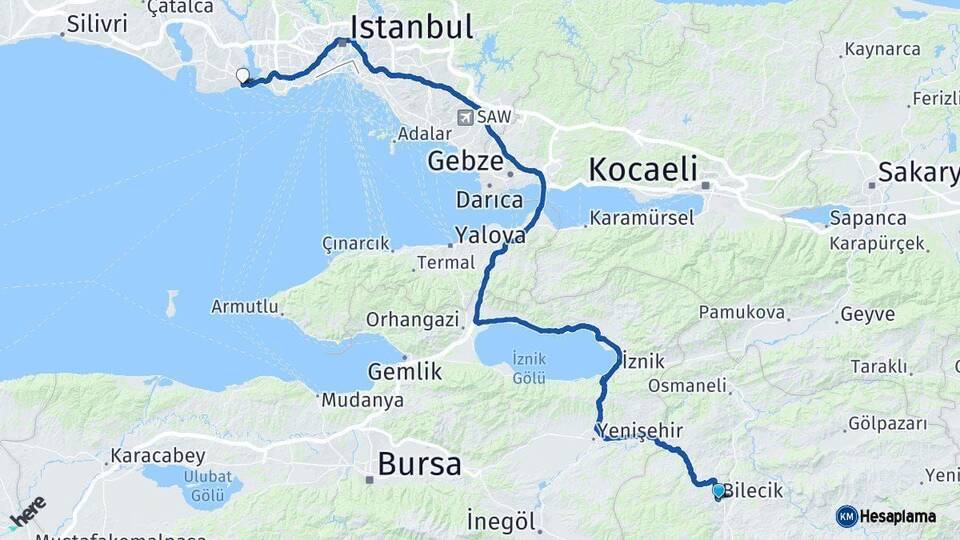 Bilecik Avcılar İstanbul Arası Kaç Km - Yol Haritası