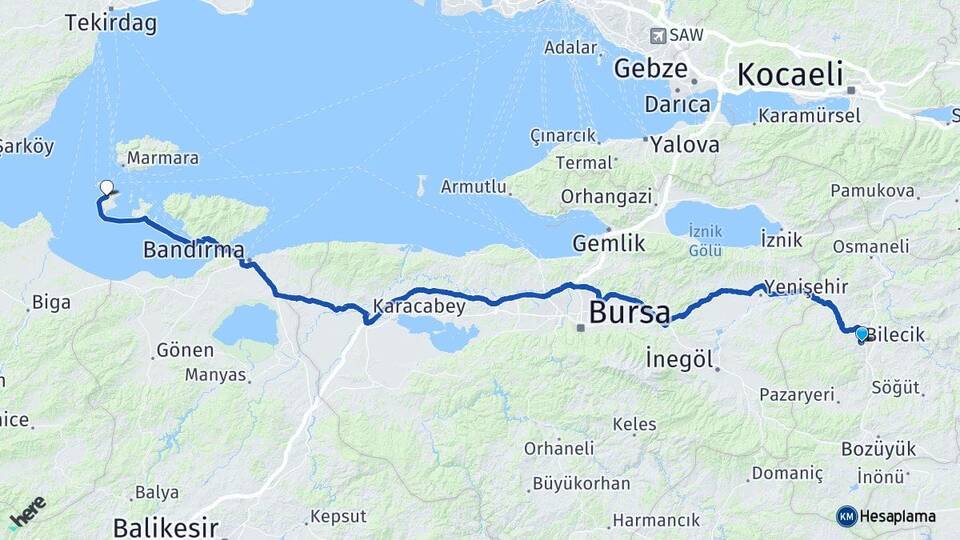 Bilecik Avşa Marmara Balıkesir Arası Kaç Km - Yol Haritası