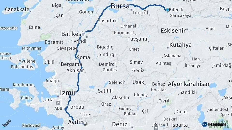 Bilecik Aydın Arası Kaç Km - Yol Haritası