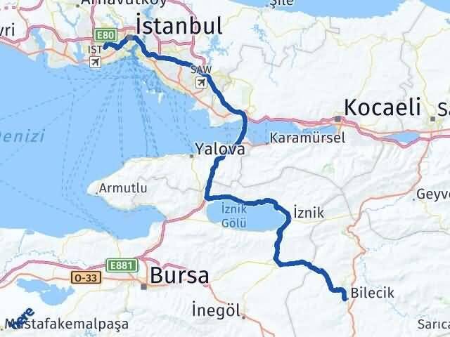 Bilecik Bağcılar İstanbul Arası Kaç Km - Yol Haritası