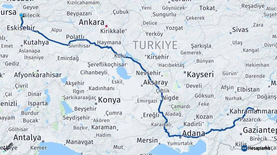 Bilecik Besni Adıyaman Arası Kaç Km - Yol Haritası