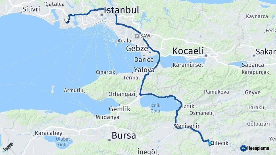 Bilecik Beylikdüzü İstanbul Arası Kaç Km - Yol Haritası