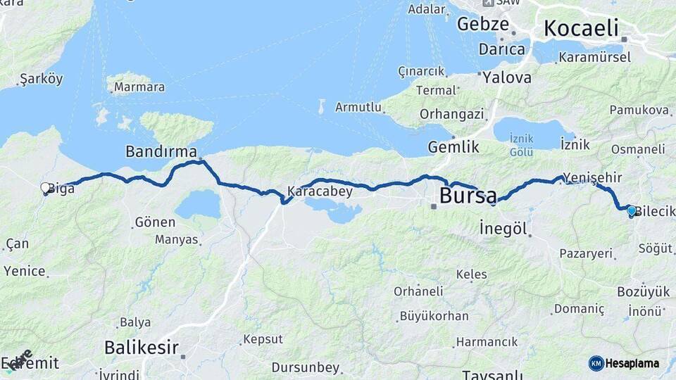 Bilecik Biga Çanakkale Arası Kaç Km - Yol Haritası
