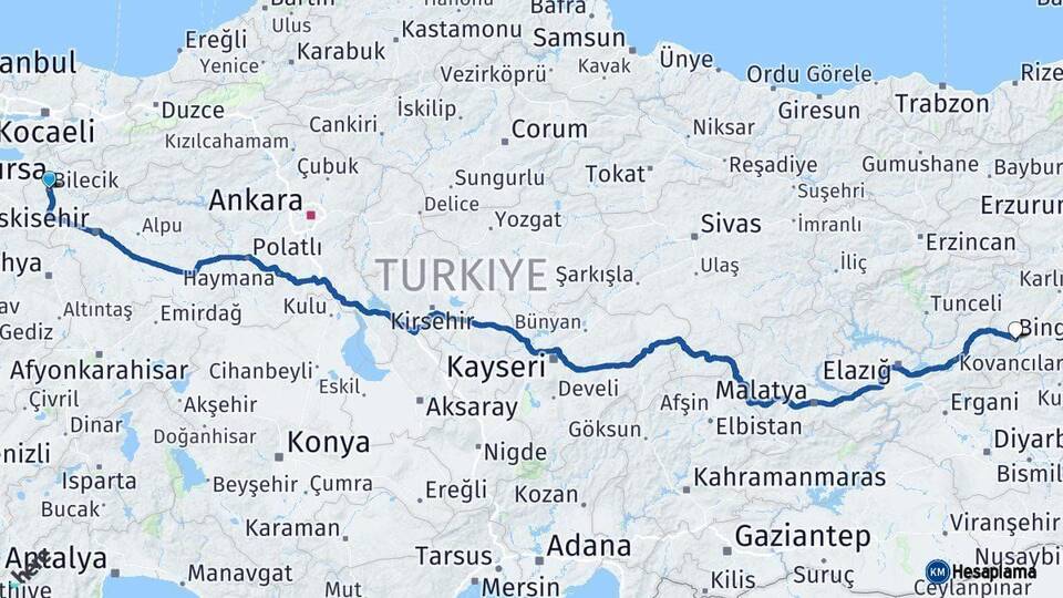 Bilecik Bingöl Arası Kaç Km - Yol Haritası
