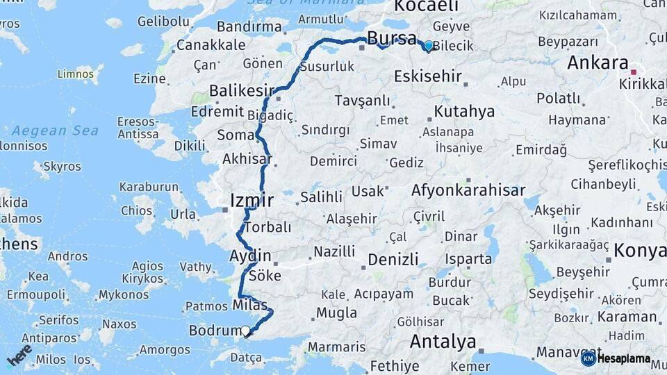 Bilecik Bodrum Muğla Arası Kaç Km - Yol Haritası