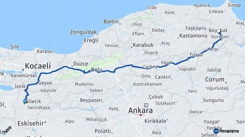 Bilecik Boyabat Sinop Arası Kaç Km - Yol Haritası