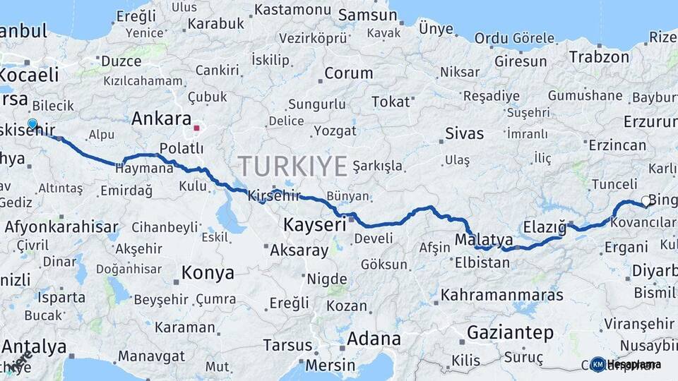 Bilecik Bozüyük Bingöl Arası Kaç Km - Yol Haritası