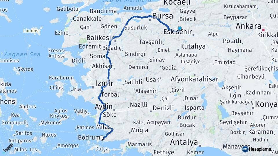 Bilecik Bozüyük Bodrum Muğla Arası Kaç Km - Yol Haritası