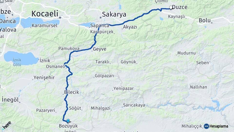 Bilecik Bozüyük Düzce Arası Kaç Km - Yol Haritası