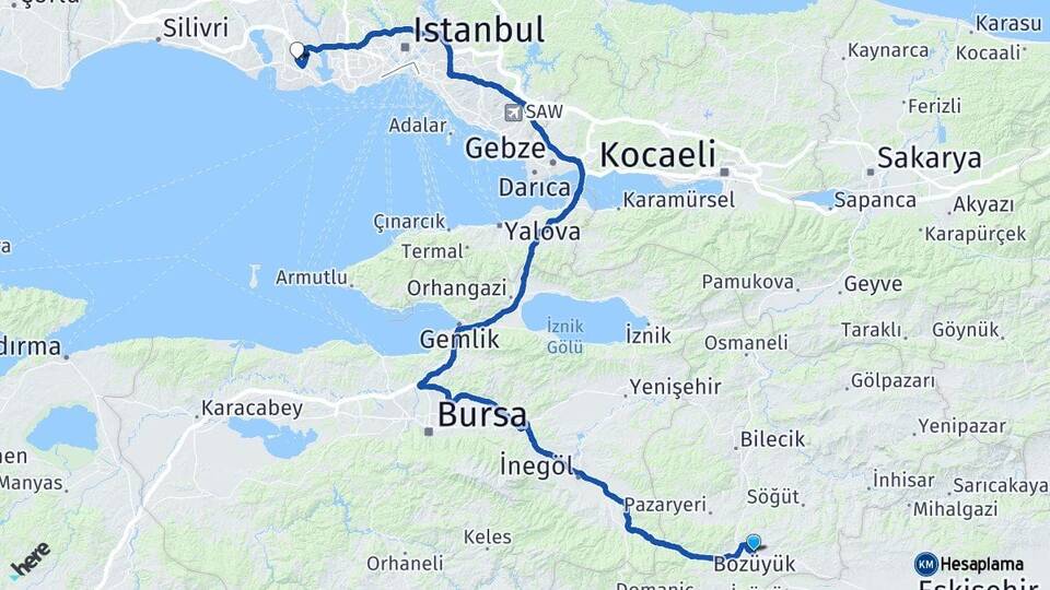Bilecik Bozüyük Esenyurt İstanbul Arası Kaç Km - Yol Haritası