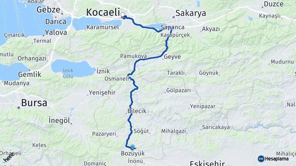 Bilecik Bozüyük Kocaeli Arası Kaç Km - Yol Haritası
