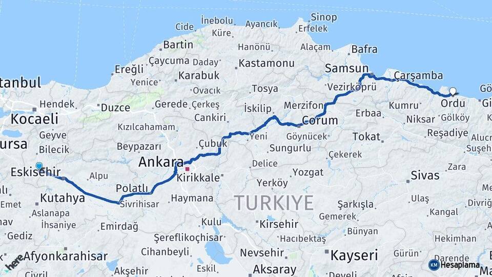 Bilecik Bozüyük Ordu Arası Kaç Km - Yol Haritası