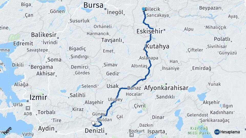 Bilecik Buharkent Aydın Arası Kaç Km - Yol Haritası