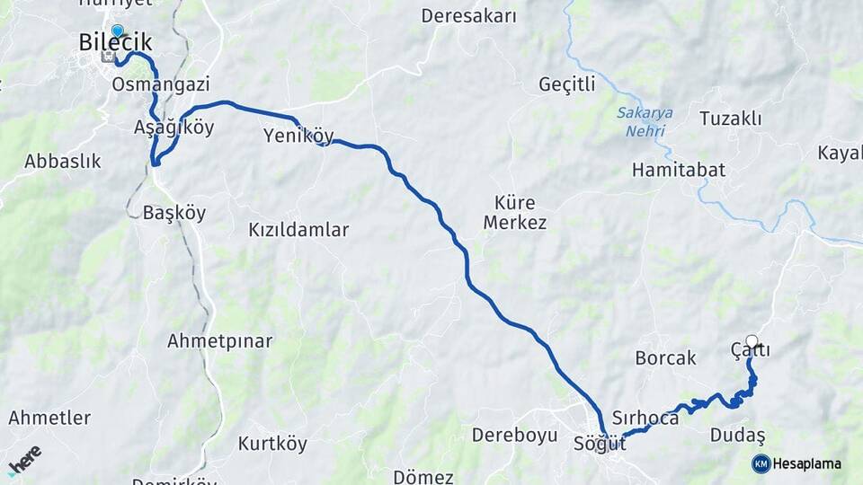 Bilecik Çaltı Söğüt Arası Kaç Km - Yol Haritası
