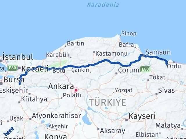 Bilecik Çamaş Ordu Arası Kaç Km - Yol Haritası