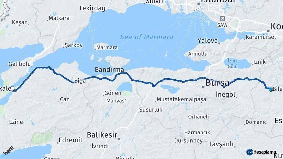 Bilecik Çanakkale Arası Kaç Km - Yol Haritası