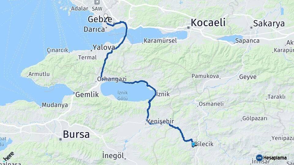 Bilecik Çayırova Kocaeli Arası Kaç Km - Yol Haritası