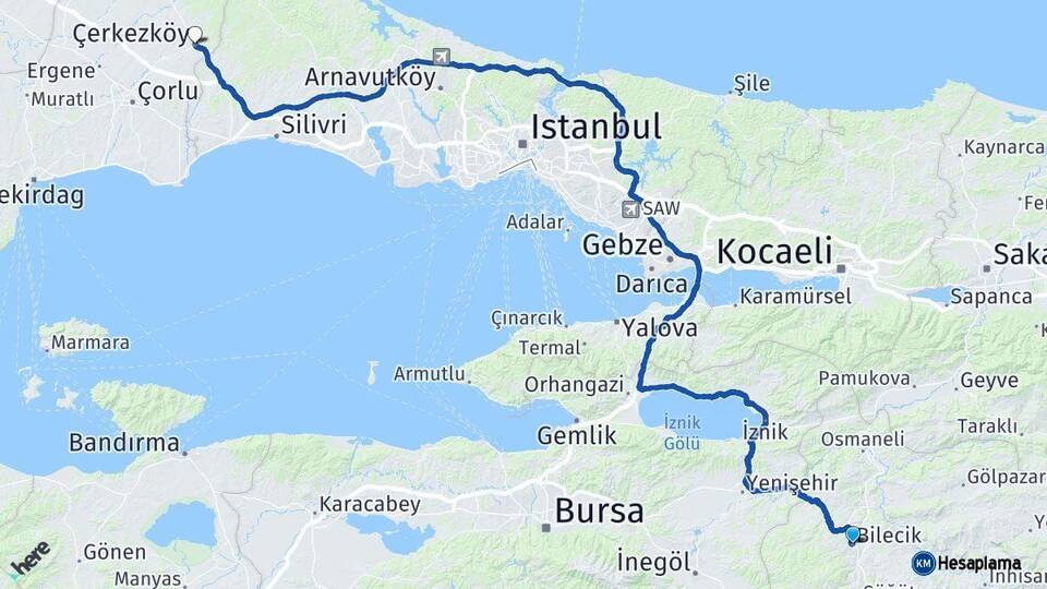 Bilecik Çerkezköy Tekirdağ Arası Kaç Km - Yol Haritası
