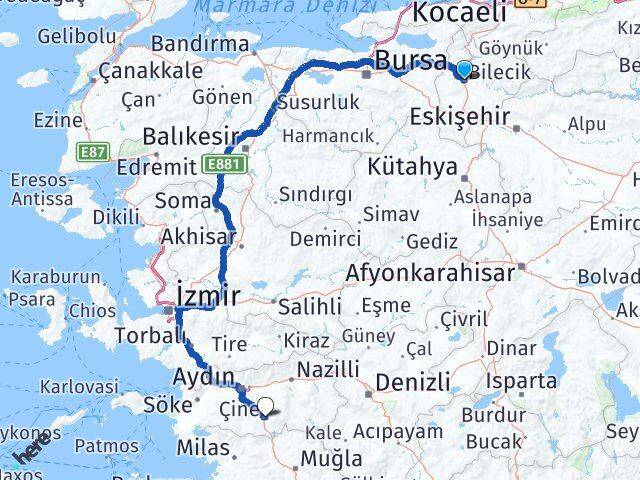 Bilecik Çine Aydın Arası Kaç Km - Yol Haritası