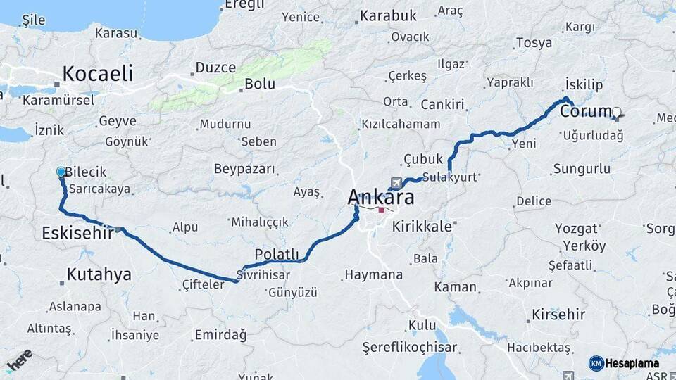 Bilecik Çorum Arası Kaç Km - Yol Haritası