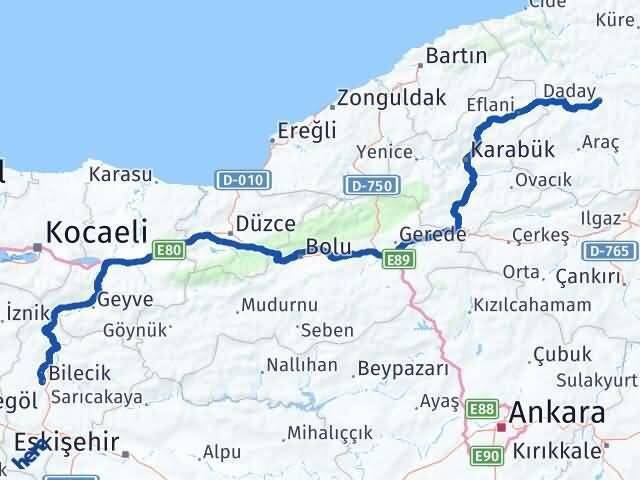 Bilecik Daday Kastamonu Arası Kaç Km - Yol Haritası
