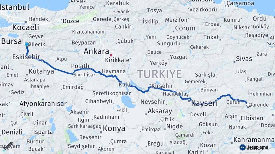 Bilecik Darende Malatya Arası Kaç Km - Yol Haritası