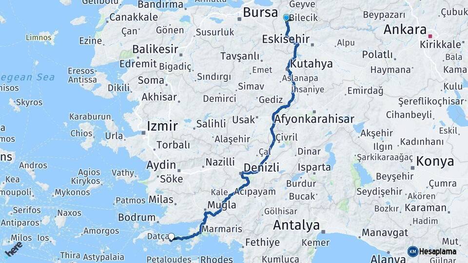 Bilecik Datça Muğla Arası Kaç Km - Yol Haritası