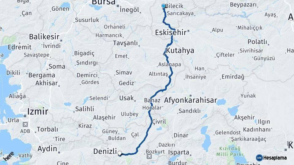 Bilecik Denizli Arası Kaç Km - Yol Haritası