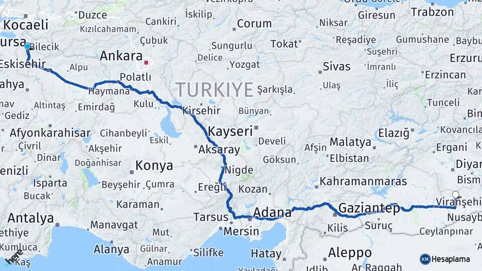 Bilecik Derik Mardin Arası Kaç Km - Yol Haritası