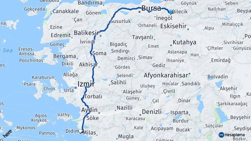 Bilecik Didim Aydın Arası Kaç Km - Yol Haritası