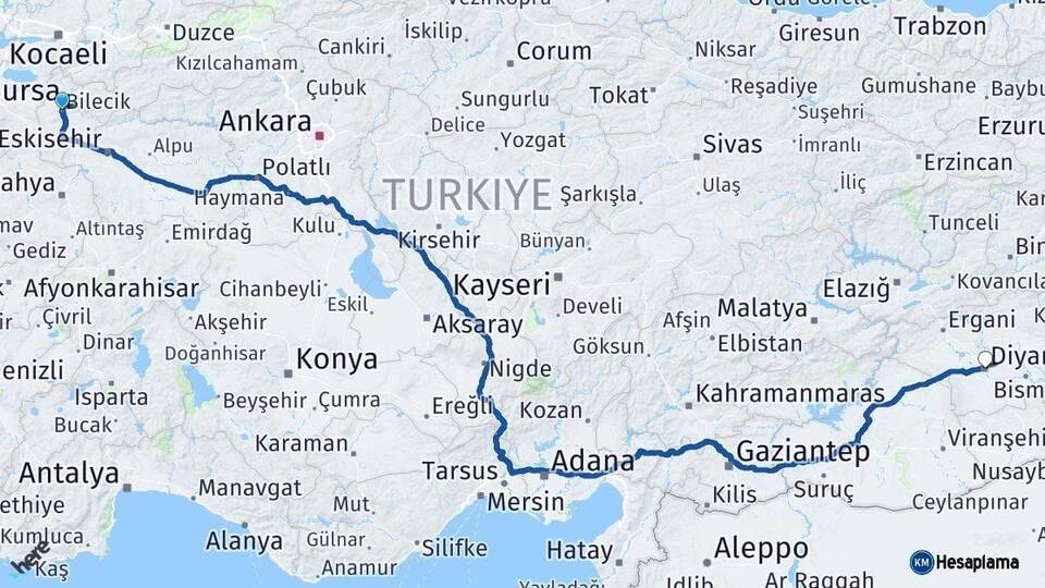 Bilecik Diyarbakır Arası Kaç Km - Yol Haritası