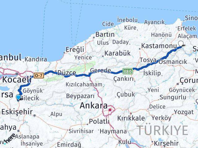 Bilecik Durağan Sinop Arası Kaç Km - Yol Haritası